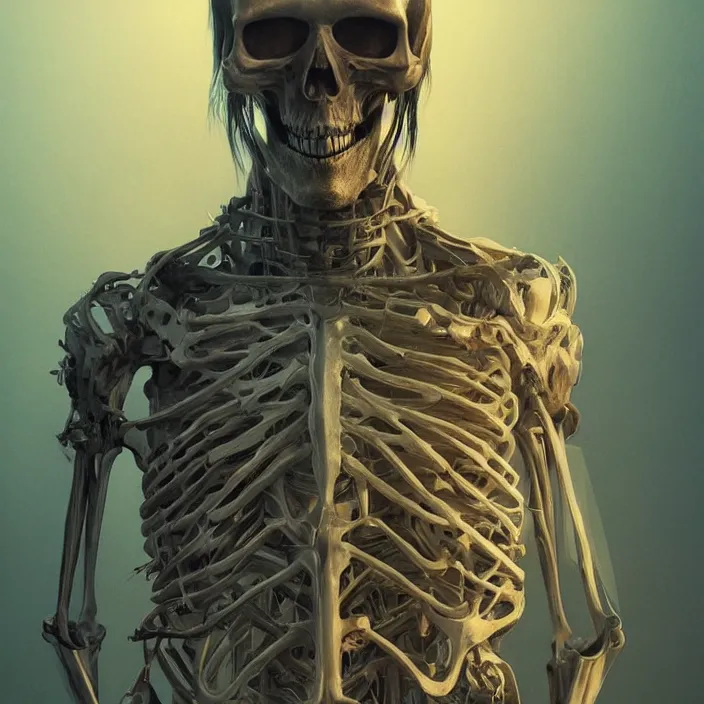 Image similar to portrait of keanu as skeleton. intricate abstract. intricate artwork. by Tooth Wu, wlop, beeple, dan mumford. octane render, trending on artstation, greg rutkowski very coherent symmetrical artwork. cinematic, hyper realism, high detail, octane render, 8k, iridescent accents