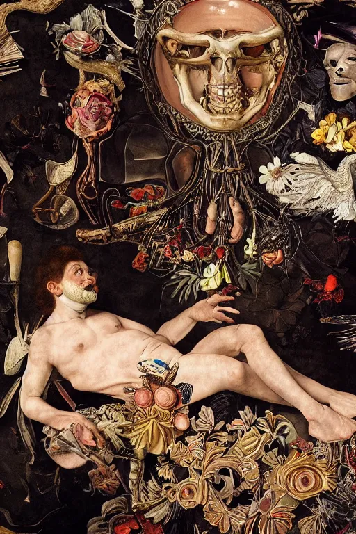 Image similar to Detailed maximalist portrait a man lying on bed with large lips and with large white eyes, exasperated expression, botany bones, HD mixed media, 3D collage, highly detailed and intricate, surreal illustration in the style of Caravaggio, dark art, baroque