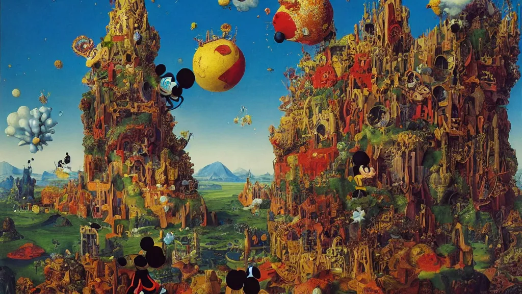 Image similar to mickey mouse surrounded by a single colorful! ( lovecraftian ) humanoid fungus tower white! clear empty sky, a high contrast!! ultradetailed photorealistic painting by jan van eyck, audubon, rene magritte, agnes pelton, max ernst, walton ford, andreas achenbach, ernst haeckel, hard lighting, masterpiece