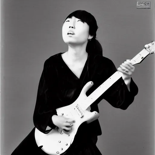 Image similar to a black and white photograph of a female japanese artist playing an electric guitar