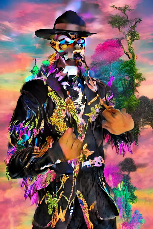 Image similar to Ethereal safari landscape with a pink rainbow sky under a god moonstone, black leather and embroidered Lolita dapper bespoke avant-garde tuxedo in velvet, black and gold rich color, dramatic cinematic lighting, featured on Artstation, extremely detailed by Lisa Frank