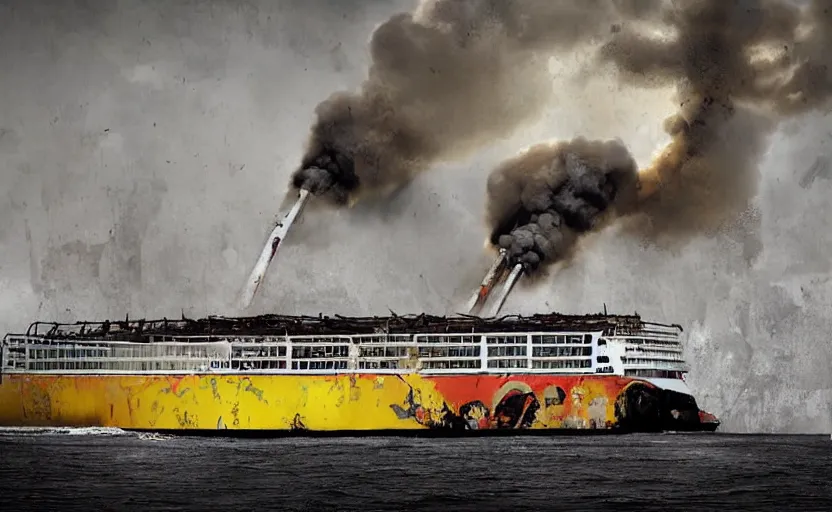 Prompt: a derelict immense McDonald's brand vacation cruise liner oceanliner ship with yellow golden arches logo and tall smoke stacks crashed and broken on a deserted island, moored, fast food restaurant color scheme, golden arches, golden hour, thick black smoke billowing, overcast, dystopian, bad vibes, photorealistic, sharp focus, hyper detailed, in the style of simon stalenhag