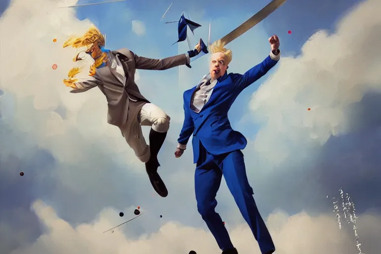 Image similar to a blond man in a blue suit hit by flying thrown swords, organic painting, sunny day, matte painting, bold shapes, hard edges, street art, trending on artstation, by huang guangjian, gil elvgren, ruan jia, randy vargas, greg rutkowski