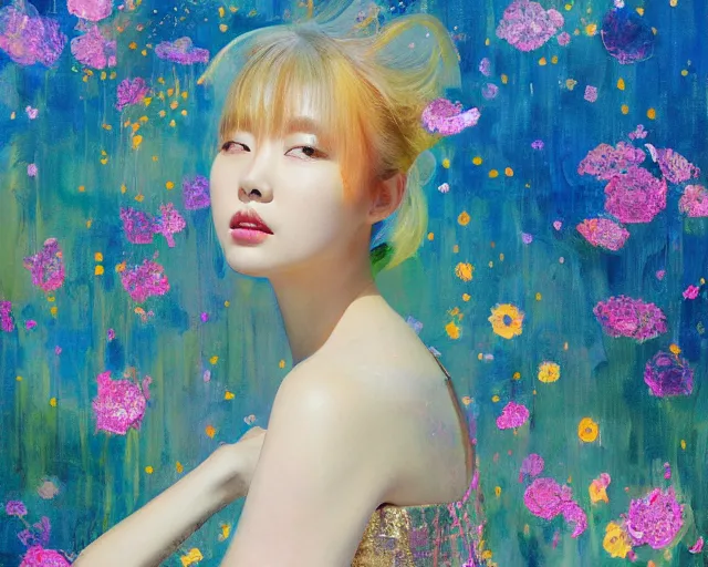 Prompt: lee jin - eun in elegant chic holographic dress emerging from gold gold by martine johanna, michael garmash and katsuhiro otomo, rule of thirds, seductive look, beautiful, cotton candy clouds, puyallup berteronian, himalayan poppy flowers, sea holly flowers, gorgeous