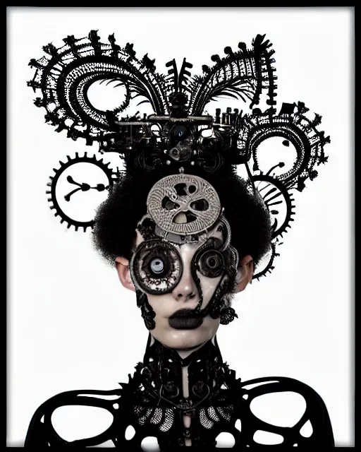 Image similar to surreal black and white photo portrait of complex bio-mechanical beautiful young female vegetal-cyborg with a Mandelbrot fractal steampunk metal fine lace face, a very long neck and a fine metal floral foliage super big lace collar by Alexander McQueen:: smoke, high fashion, haute couture, rococo, steampunk, silver filigree details, anatomical, facial muscles, cable wires, microchip, elegant, dreamy, foggy atmosphere, hyper realistic, 150 mm lens, soft rim light, octane render, unreal engine, picture was taken in 1910 by Man Ray, volumetric lighting, dramatic light,8k,