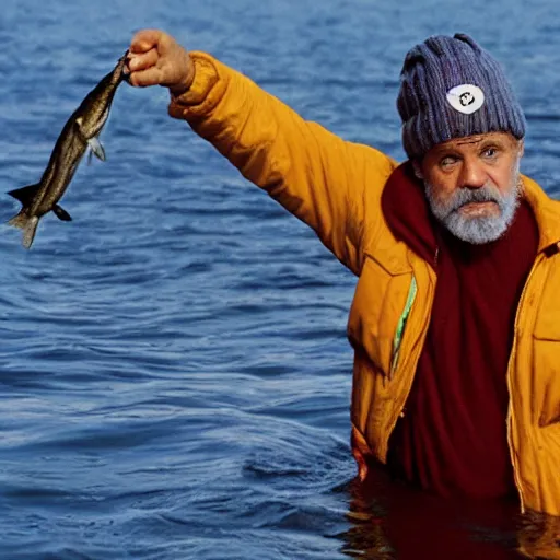 Prompt: photograph of steve zissou holding out a sardine for the loch ness monster, long shot