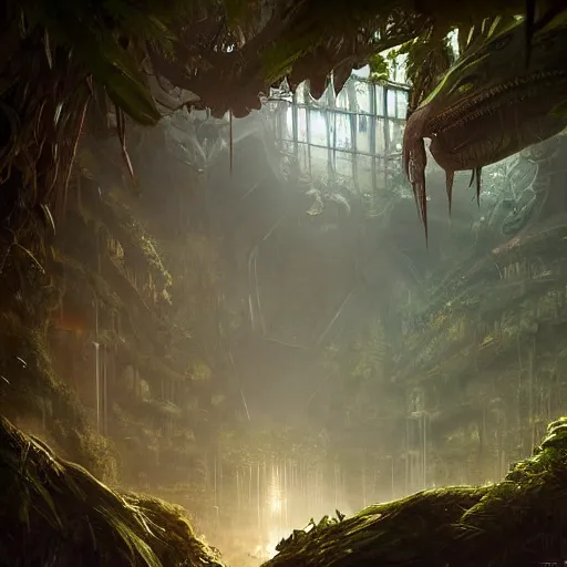 Prompt: epic alien jungle by greg rutkowski inside a giant laboratory by raymond swanland