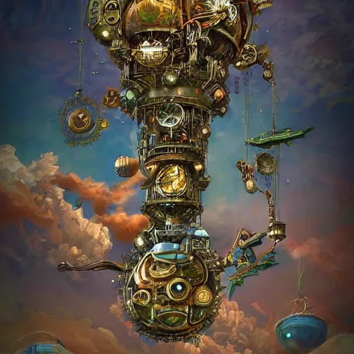 Image similar to flying city in a mechanical flower, sky, fantasy art, steampunk, masterpiece