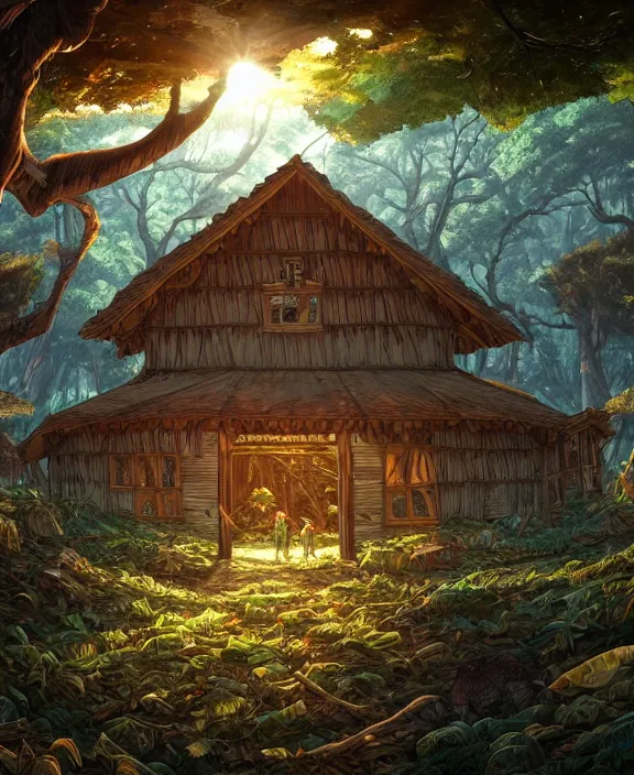 Prompt: a mammoth schoolhouse made from leaves, overgrown with huge exotic fungus, deep in the woods, noon, sun drenched, partly cloudy, by dan mumford, yusuke murata, makoto shinkai, ross tran, cinematic, unreal engine, cel shaded, featured on artstation, pixiv