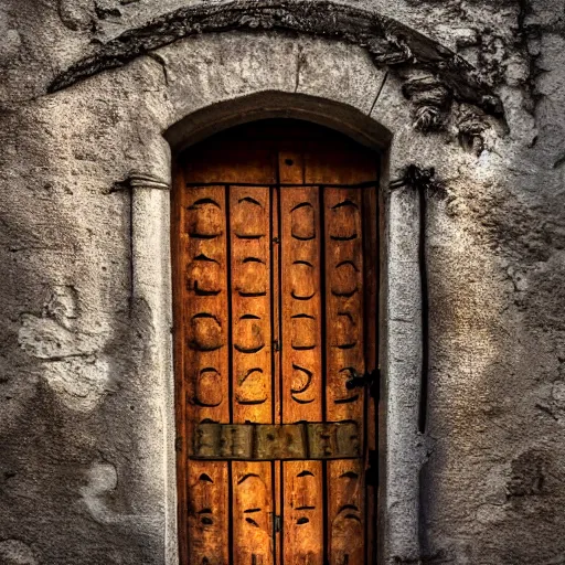 Image similar to A door with a sleeping person hangs on loops, medieval style, dramatic lighting