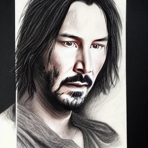 Prompt: keanu reeves as a prehistoric man, pencil drawing, detailled, ultra realistic