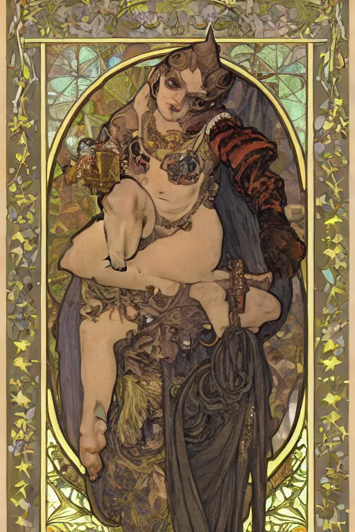 Image similar to oil painting of a gargoyle dressed as 16th century nobility by mucha and mohrbacher