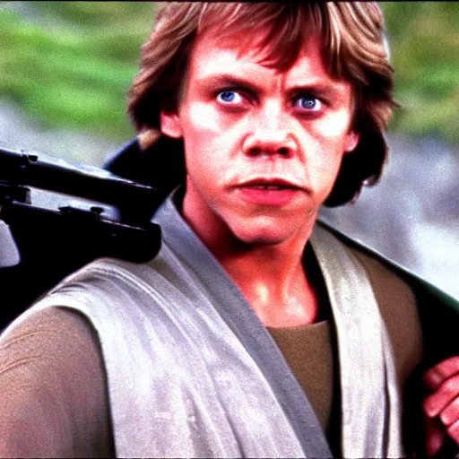 Prompt: A still of Mark Hamill as Luke Skywalker in Star Wars, 1990, Directed by Steven Spielberg, 35mm