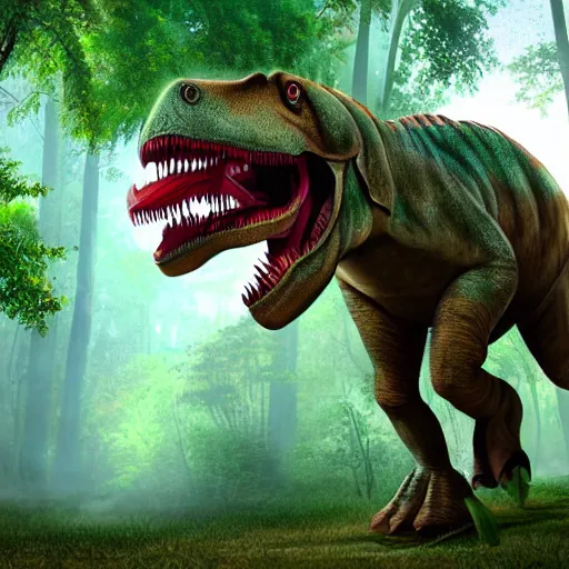 Prompt: giant tyrannosaurus rex walking through a tropical forest