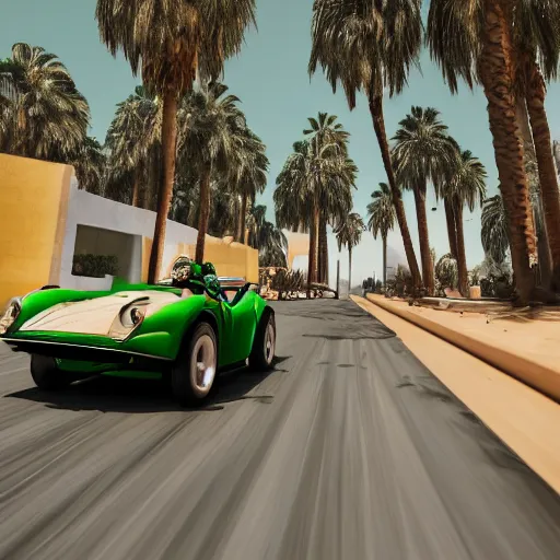 Image similar to illustration of kermit the frog driving in marrakech, morocco, palm trees, 8 k, octane render, hyperdetailed, illustration, oil painting