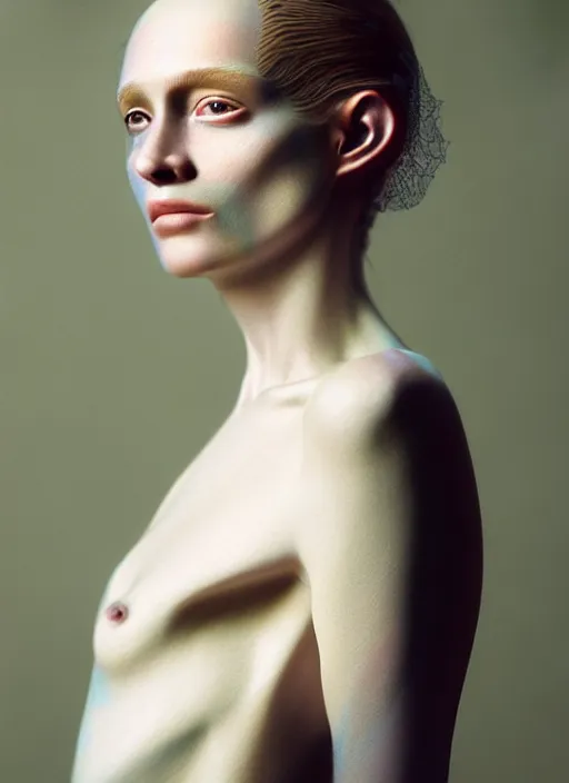 Image similar to Kodak Portra 400 of a beautiful woman, 8K, soft light, volumetric lighting, highly detailed, britt marling style 3/4 , fine art portrait photography by Paolo Roversi, face merging with opalescent pider, elegant bust and neck with intricate opalescent spiderwebs details, symbolic metamorphosis complex 3d render , 150 mm lens, art nouveau fashion embroidered, elegant, hyper realistic, ultra detailed, octane render, soft colours scheme, emotionally evoking, head in focus, fantasy, soft blur background light, volumetric lighting, highly detailed, Refined, Highly Detailed, fine art fashion magazine style, Hyper realistic, photo realistic