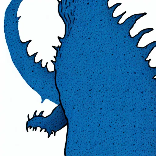 Image similar to a blue water wave in the silhouette shape of Godzilla, cartoon drawing