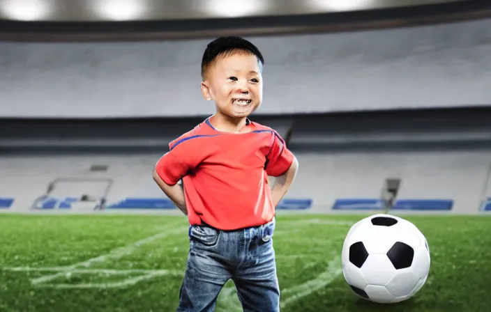 Image similar to a little boy with a soccer ball under his arm as seen from the back stands next to a soccer field and looks hopefully at a full soccer stadium and hopes he can join the first team, diffuse light, octane render