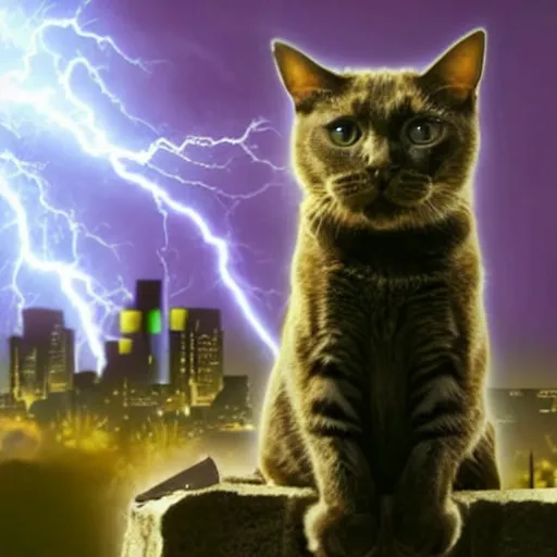 Prompt: a cat is sitting on a rock and looks at a total fallout city, while it is radioactive raining and a wild ghoul is coming nearby, there is a lightning which is purple, the cat is extrem realistic