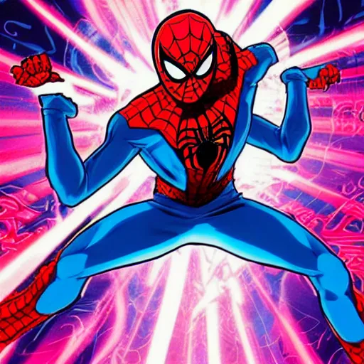 Image similar to Anime key visual of Cyberpunk ninja Spider-Man in a colorful blue and scarlet suit, wearing a scarlet hoodie, riding a skateboard in Berlin, official media drawn by Hirohiko Araki, anime magazine cover, manga cover, shonen jump cover, in the style of JOJO’s bizarre adventure, Hirohiko Araki artwork, takashi murakami artwork