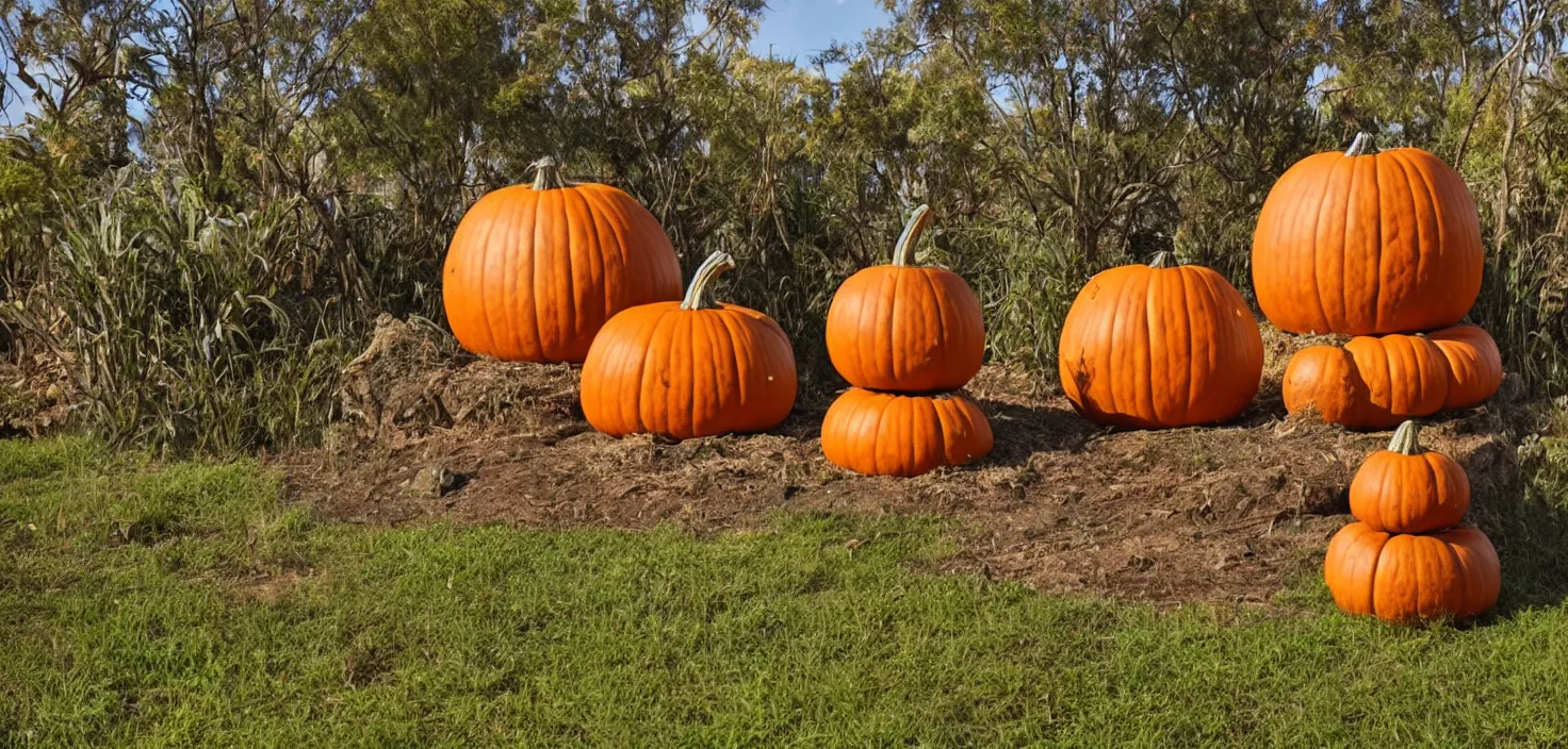 Prompt: a pumpkin statue standing in an outback garden, representation with expressive marks, elegant and refined, fully rendered light to shadow, simplified idolized forms, sarcastic and edgy painting with multiple area of attention