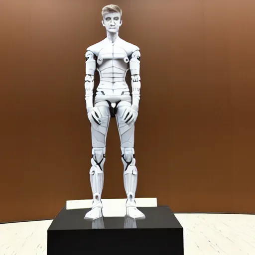 Image similar to a realistic detailed photo of a guy who is an attractive humanoid who is half robot and half humanoid, who is a male android, twitch streamer ninja tyler blevins, shiny skin, posing like a statue, blank stare, at the museum, on display