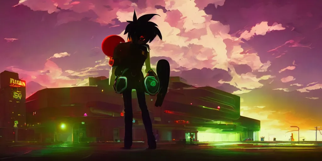 Prompt: Shadow the Hedgehog, Portrait, Very Cloudy Sky, Sun, Neon Lights, Subject in Middle, Subject in center, Rule of Thirds, Retrofuturism, Studio Ghibli, Simon Stålenhag