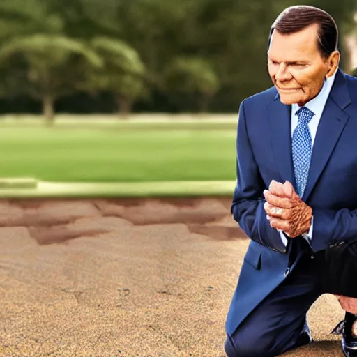 Prompt: kenneth copeland kneeling praying to meca