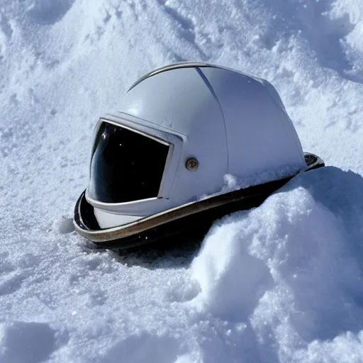 Prompt: an astronaut ’ s helmet buried in the snow