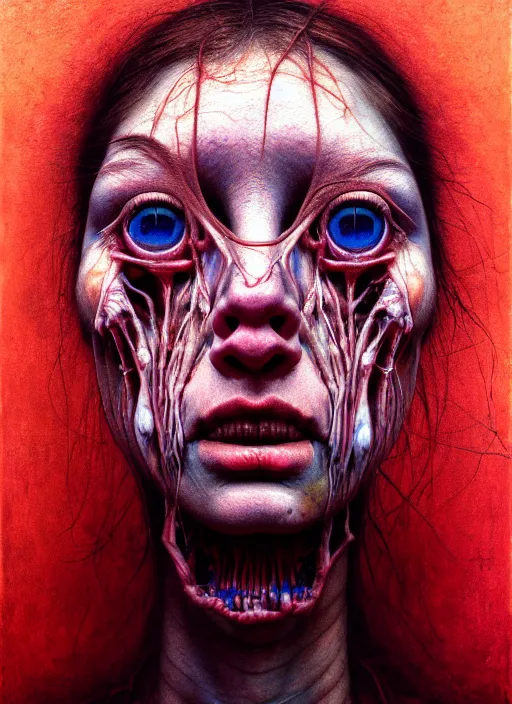 Prompt: there is ugliness in beauty, but there is also beauty in ugliness detailed portrait painting inspired by beksinski and alex gray, accurate anatomy, anamorphic lens, anamorphic lens flares, kodakchrome, cinematic composition, award winning photo, by jenny saville, gaspar noe 8 k