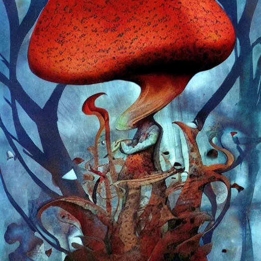 Image similar to psychedelic mushrooms dream, by dave mckean