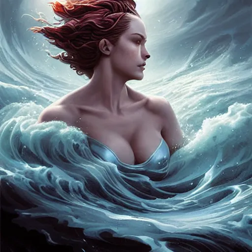 Prompt: portrait of a powerful goddess of water clothed in swirling water striding through a stormy sea, highly detailed matte fantasy painting, stormy lighting, by ross tran and artgerm and peter mohrbacher