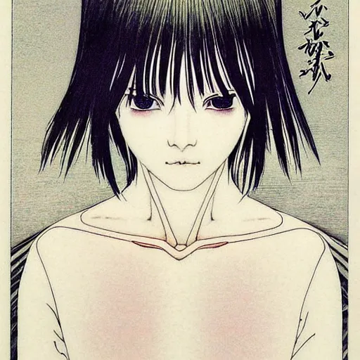 Image similar to prompt: Fragile looking soft light portrait face drawn by Takato Yamamoto and Katsuhiro Otomo, inspired by Ghost in Shell anime, magical and alchemical objects on the side, soft light, intricate detail, intricate ink painting detail, sharp high detail, manga and anime 2000