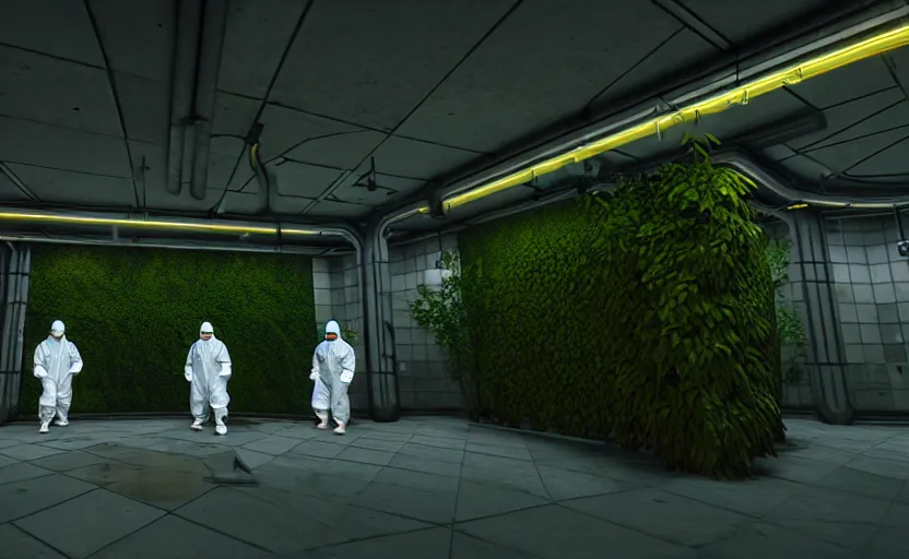 Image similar to in-game screenshot of a group of hazmat scientists on unreal engine 5, in a liminal underground garden, photorealistic, retrofuturism, brutalism, staggered terraces, minimalist, soft vintage glow