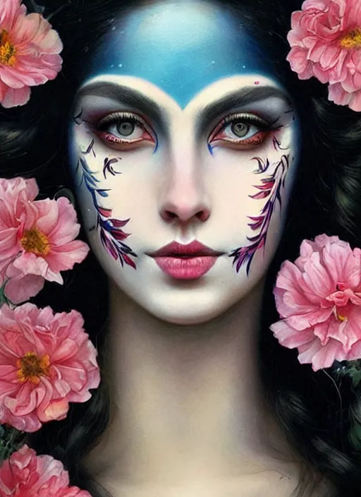 Image similar to a woman with her face painted. face painting of flowers. beautiful highly detailed face. painting by manuel sanjulian and tom bagshaw.