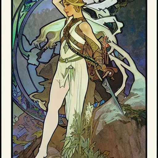 Prompt: The Legend of Zelda Pulling the only sword-in-the-stone art by alphonse mucha and Monia Merlo and Raymond Swanland