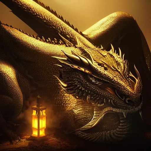 Image similar to the dragon sleeps on piles of gold, trending on artstation, award winning, highly detailed, epic, dramatic lighting, 4 k