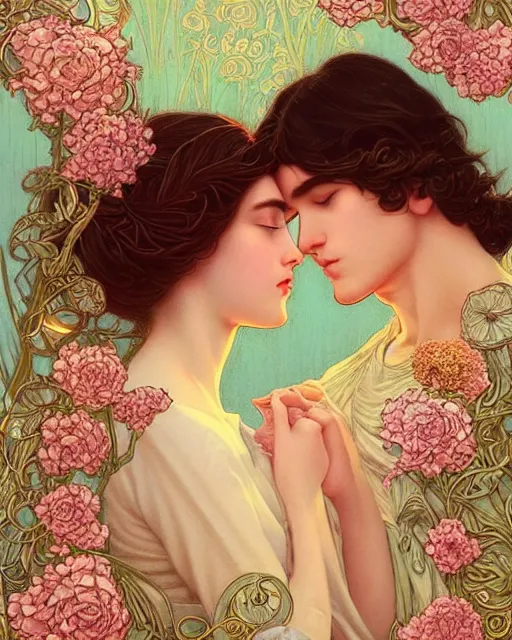 Prompt: two lovers | romance love passion tenderness, man and woman | highly detailed | very intricate | art nouveau | gold filigree | pre - raphaelite romantic storybook fantasy | made of flowers | soft cinematic lighting | award - winning | painted by mandy jurgens and audrey kawasaki | pastel color palette | featured on artstation