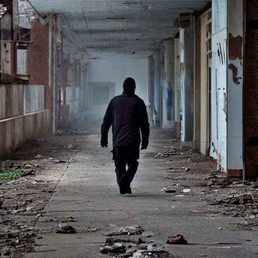 Prompt: a photo of a man walking around an abandoned city after a pandemic. Taken with a Canon EOS 5D.