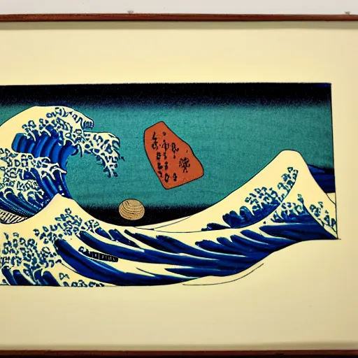 Image similar to whale about to swallow a swimming man, woodblock print, style of hokusai, fine art, style of the great wave off kanagawa, painting