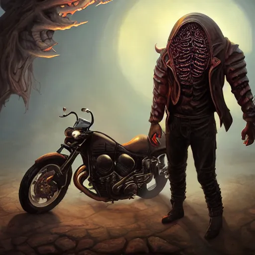 Image similar to a Mindflayer in a leather jacket and speedos is standing beside a demonic motorcycle, garden, fullbody, summer, 8k resolution matte fantasy painting, cinematic lighting, DeviantArt, Artstation, Jason Felix Steve Argyle Tyler Jacobson Peter Mohrbacher