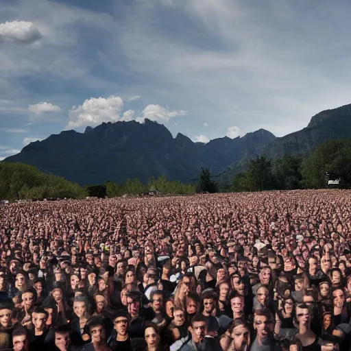 Image similar to the Ryan Gosling army filled the field, against the backdrop of a mountainous area