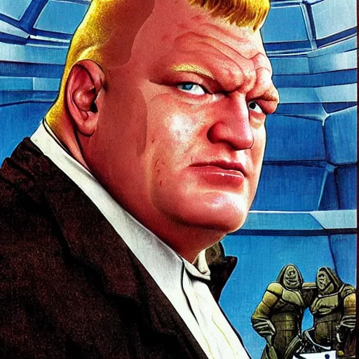 Image similar to head and shoulders portrait of brock lesnar as baron harkonnen from dune 1982 movie, background dystopian scifi palace, painted by norman rockwell and tom lovell and frank schoonover