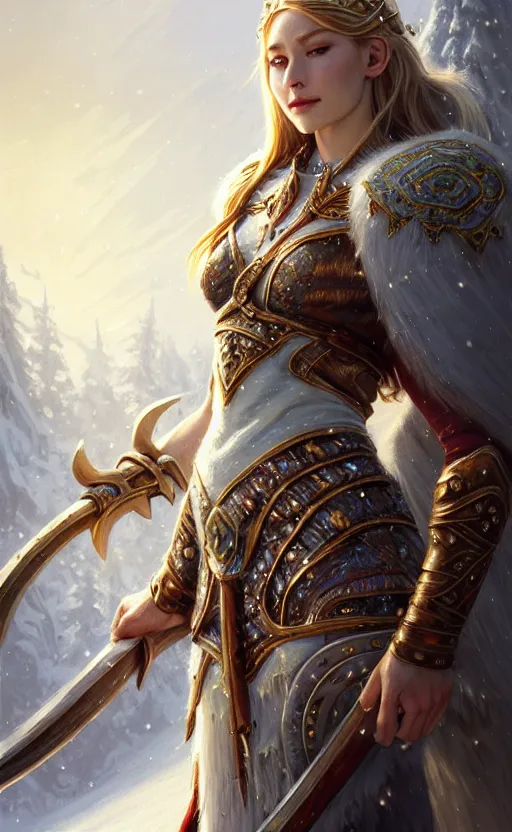 Image similar to opal viking warrior, regal, elegant, winter, snow, beautiful, stunning, hd, illustration, epic, d & d, fantasy, intricate, elegant, highly detailed, wide angle, digital painting, artstation, concept art, smooth, sharp focus, illustration, wallpaper, art by artgerm and greg rutkowski and alphonse mucha and jin xiaodi