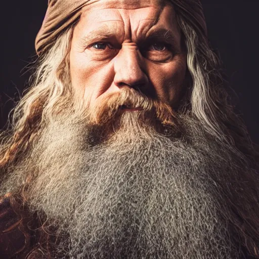 Prompt: hyperrealistic photograph of a brown-haired viking Gandalf, 8k, profile picture, cinematic, high contrast, epic real fantasy, stoic facial expression, looking at the camera
