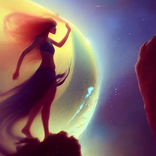 Prompt: A beautiful woman with long, flowy hair standing on a rock, witnessing two planets colliding in space. illustrated by Greg Rutkowski and Gaston Bussiere, trending on artstation, artstation futurism, artstation photography, subsurface scattering, bottom view, analog photography, 4k, 8k