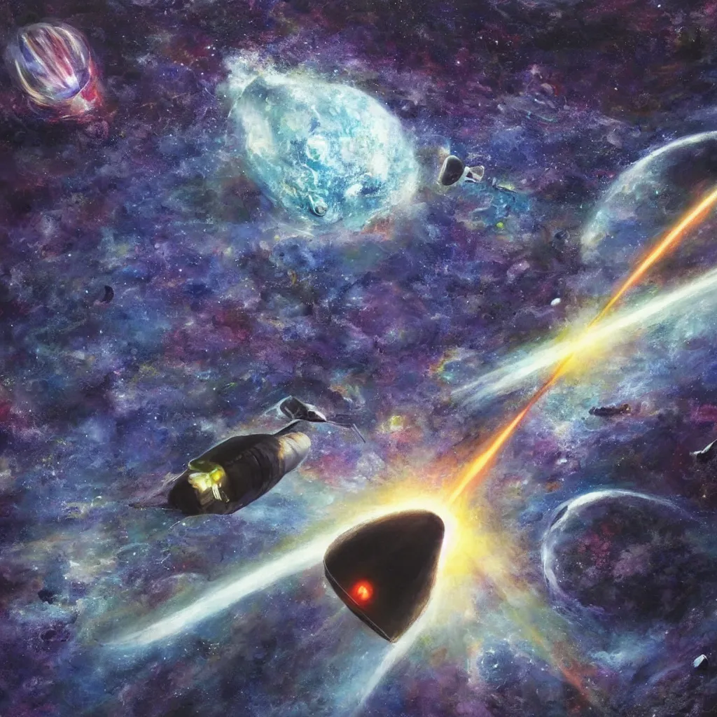 Prompt: Lone spaceship wandering through space, only to see its target destination destroyed by an eldritch being, oil painting, ultra realistic