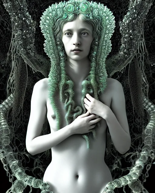 Image similar to surreal mythical dreamy underwater artistic bw 3 d render of a translucent beautiful young female angelic - medusa - vegetal - cyborg covered with fish scales and algae, highly detailed, intricate crystal ivy jelly fish scales ornate, poetic, octane render, 8 k, photo - realistic, by diane arbus in the style of gustave dore and pre - raphaelites