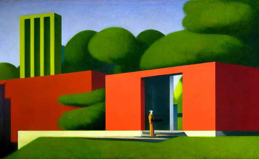 Image similar to geometric painting of industrial buildings surrounded by undergrowth by edward hopper