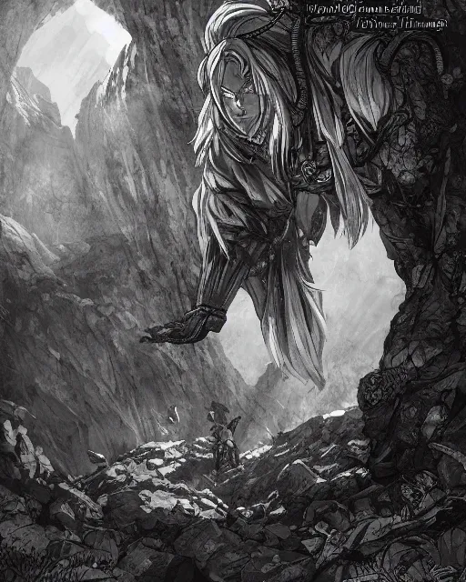 Image similar to An old man trapped in a cave, looking into a mirror, b&w, fantasy art, in the style of masami kurumada, illustration, epic, fantasy, intricate, hyper detailed, artstation, concept art, smooth, sharp focus, ray tracing